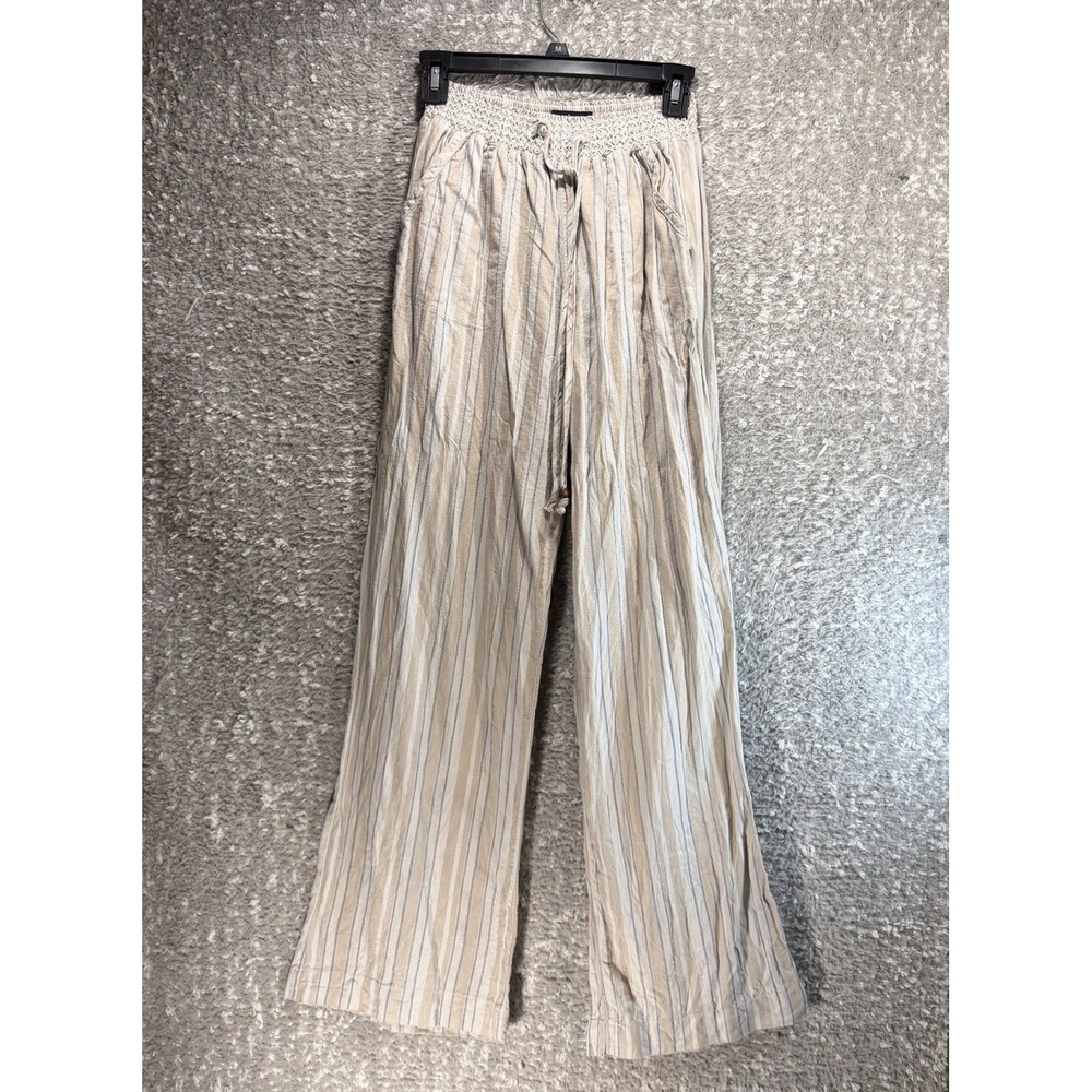Beau/Dawson Linen Blend Pants Lounge Drawstring Smocked Waist L Coastal Striped